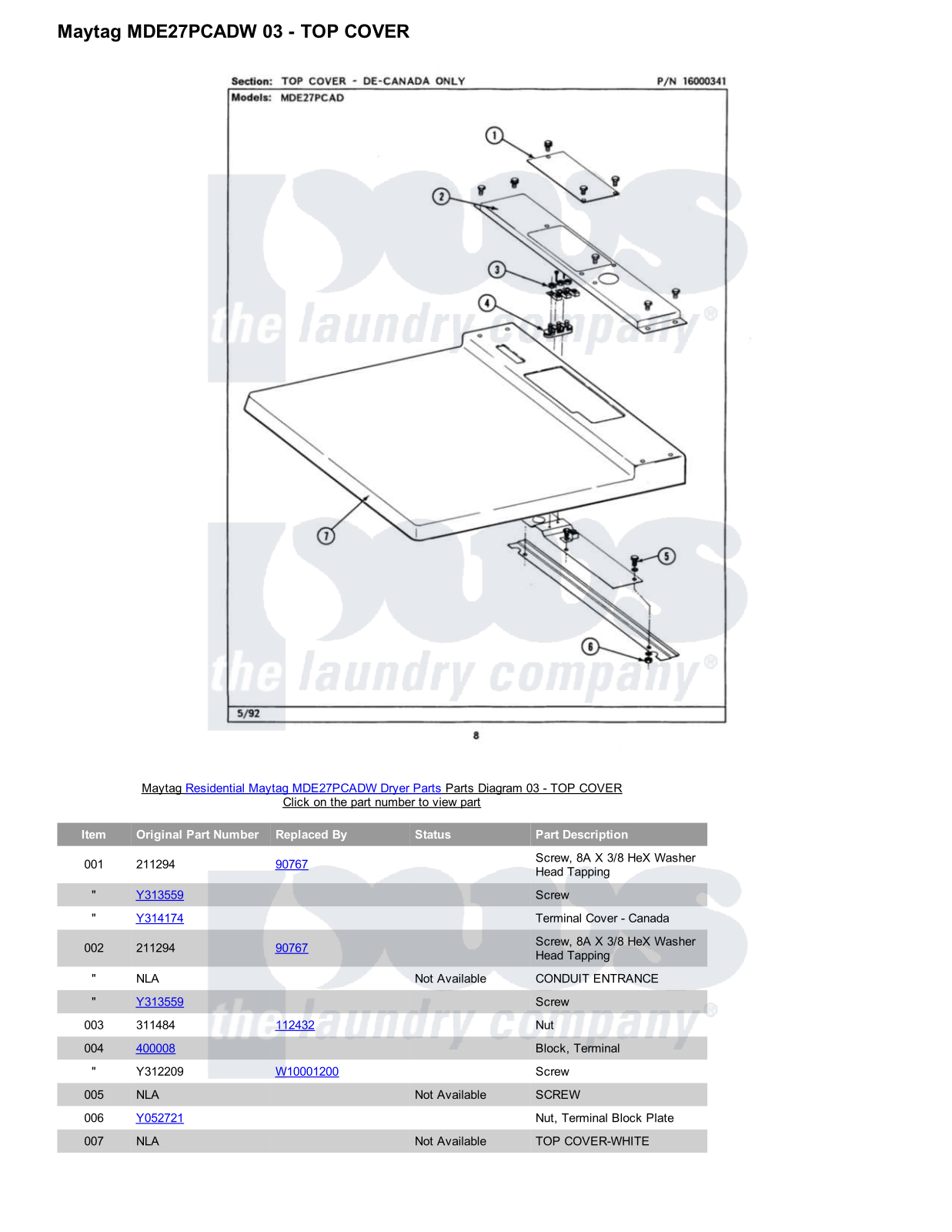 Maytag MDE27PCADW Parts Diagram