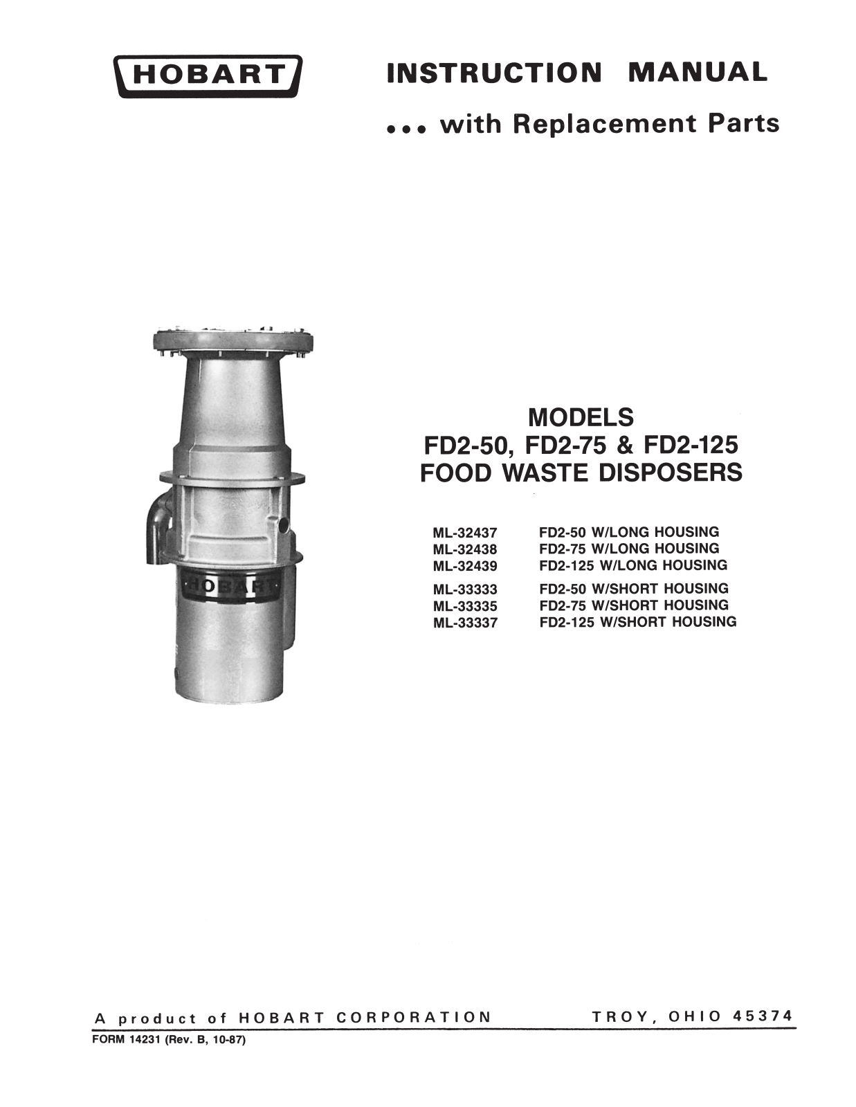 Hobart FD2-125 Installation Manual