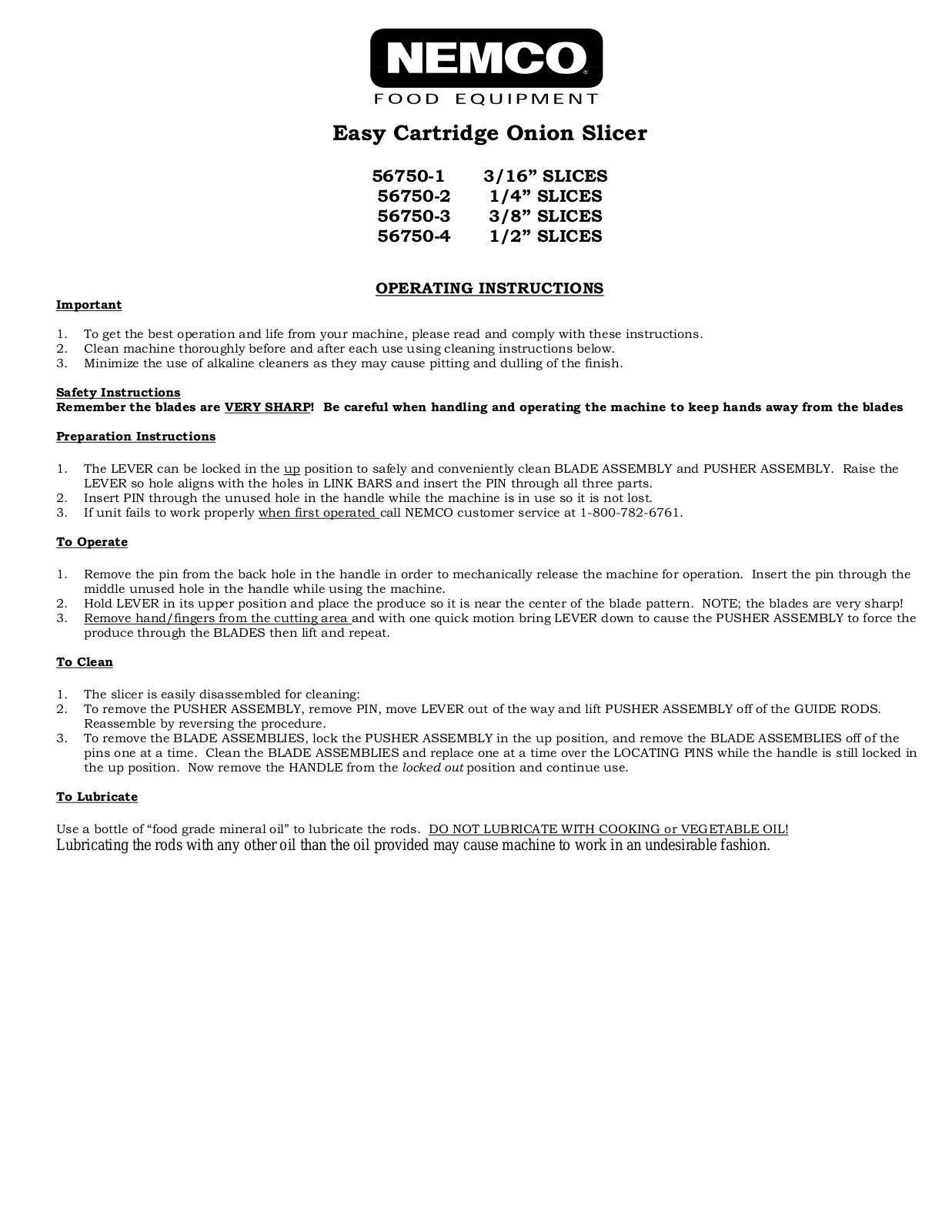 Nemco 565392, 565393, 565394 User Manual