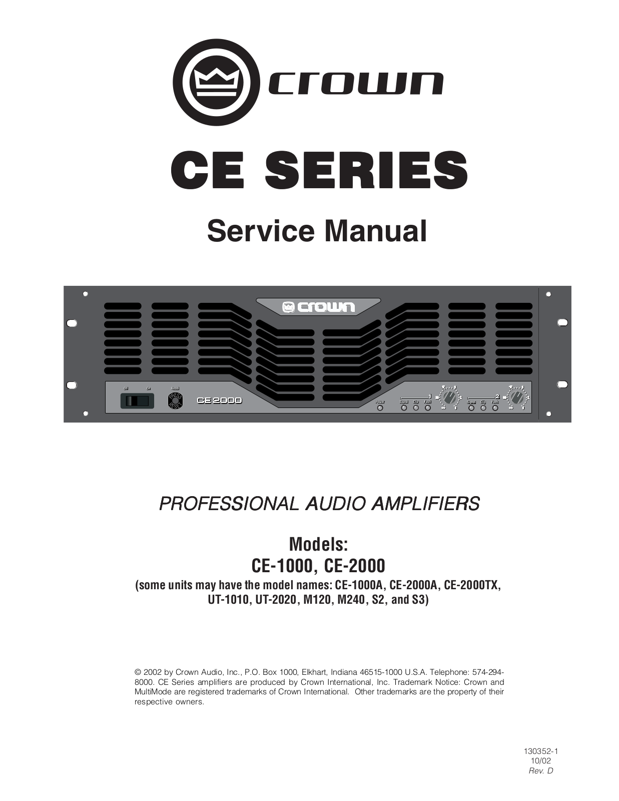 Crown CE-1000-TX, M-120, M-240, UT-1010, UT-2020 Service manual