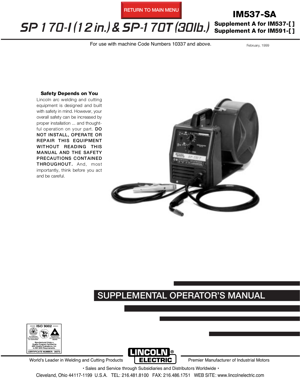 Lincoln Electric SP-170T, SP 170-I User Manual