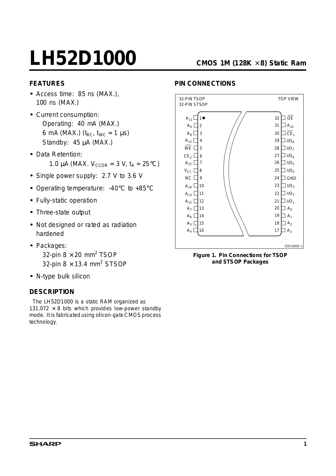 Sharp LH52D1000T-10LL, LH52D1000S-85LL, LH52D1000S-10LL, LH52D1000T-85LL Datasheet