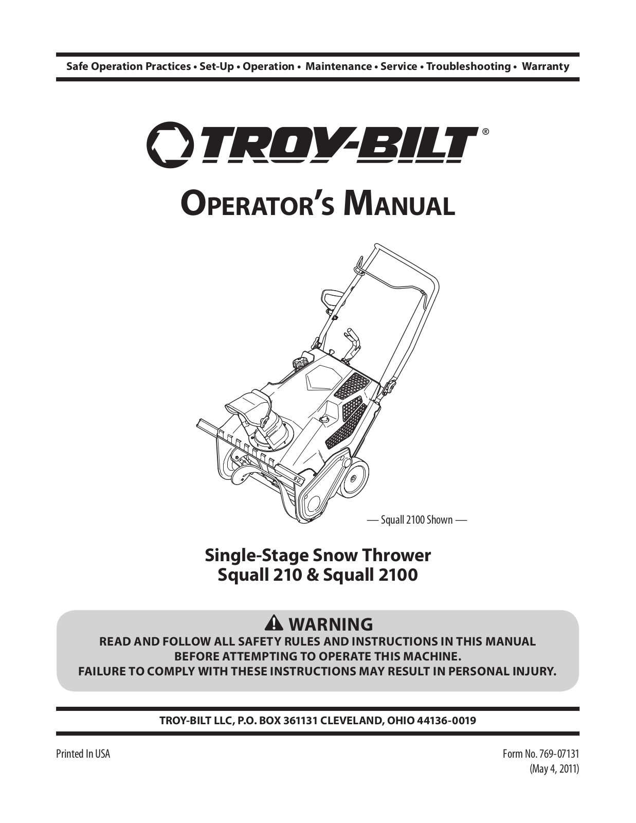 Troy-Bilt Squall 210, Squall2100 User Manual