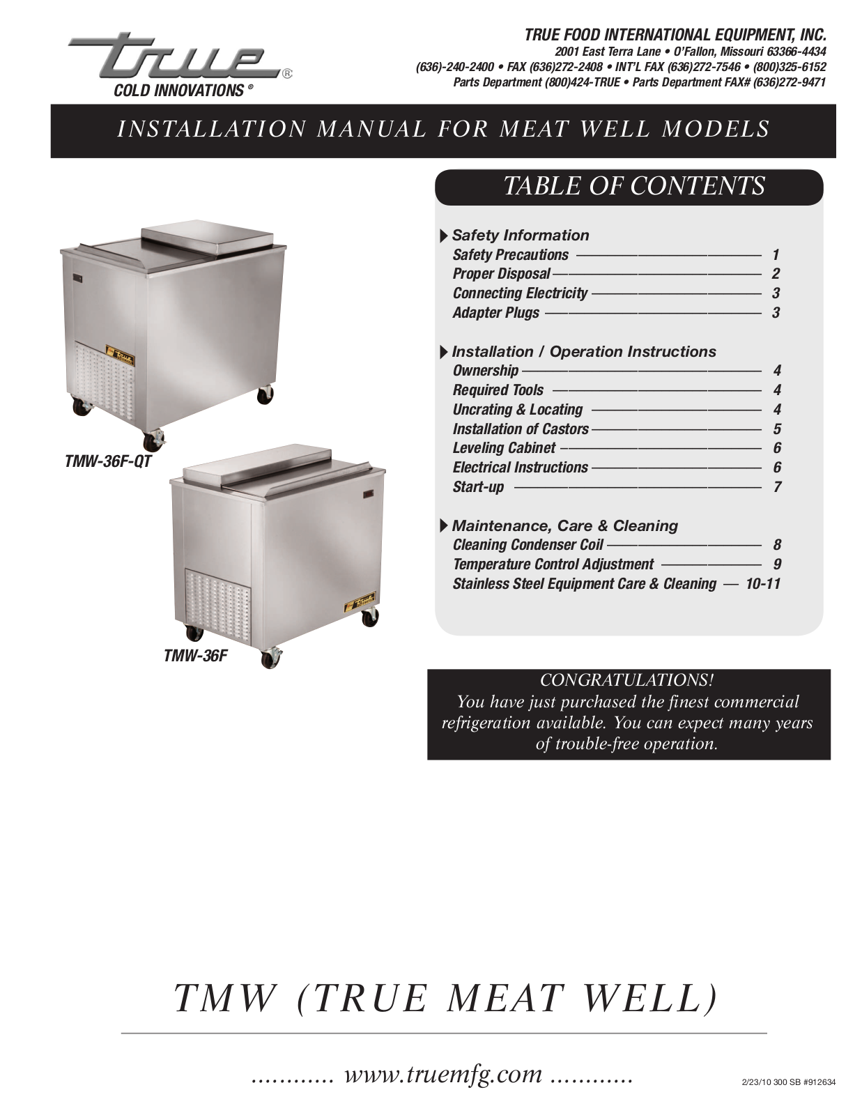 True Manufacturing Company TMW TMW-36F, TMW-36F-QT Installation Manual