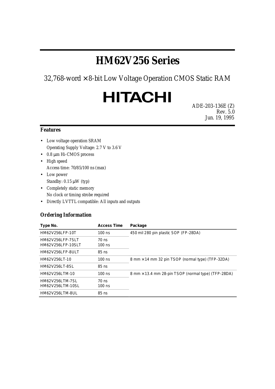 HIT HM62V256LFP-10SLT, HM62V256LFP-10T, HM62V256LFP-7SLT, HM62V256LFP-8ULT, HM62V256LT-10 Datasheet