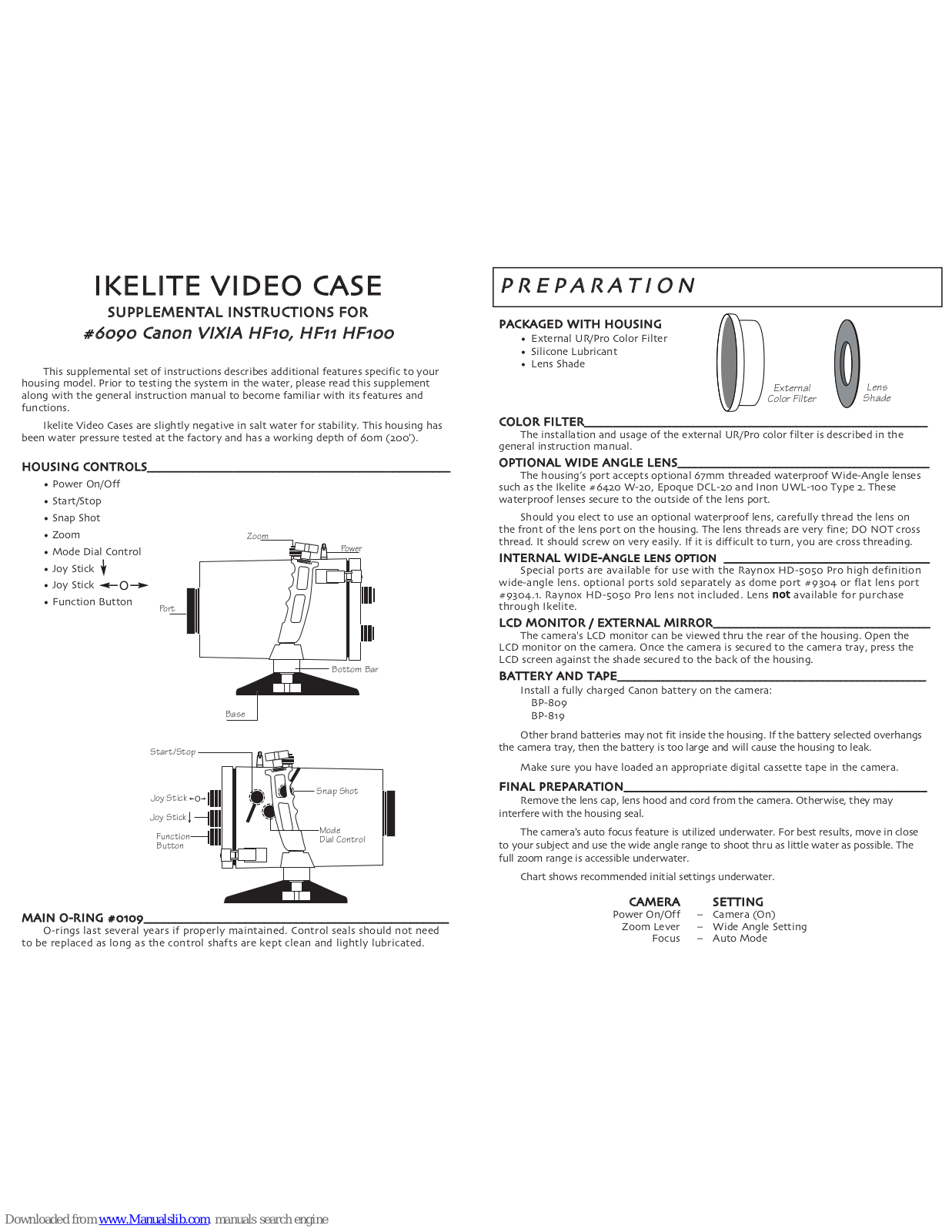 Ikelite Canon 6090, Canon HF-10, Canon HF-100, Canon HF-11, 6090 Supplemental Instructions