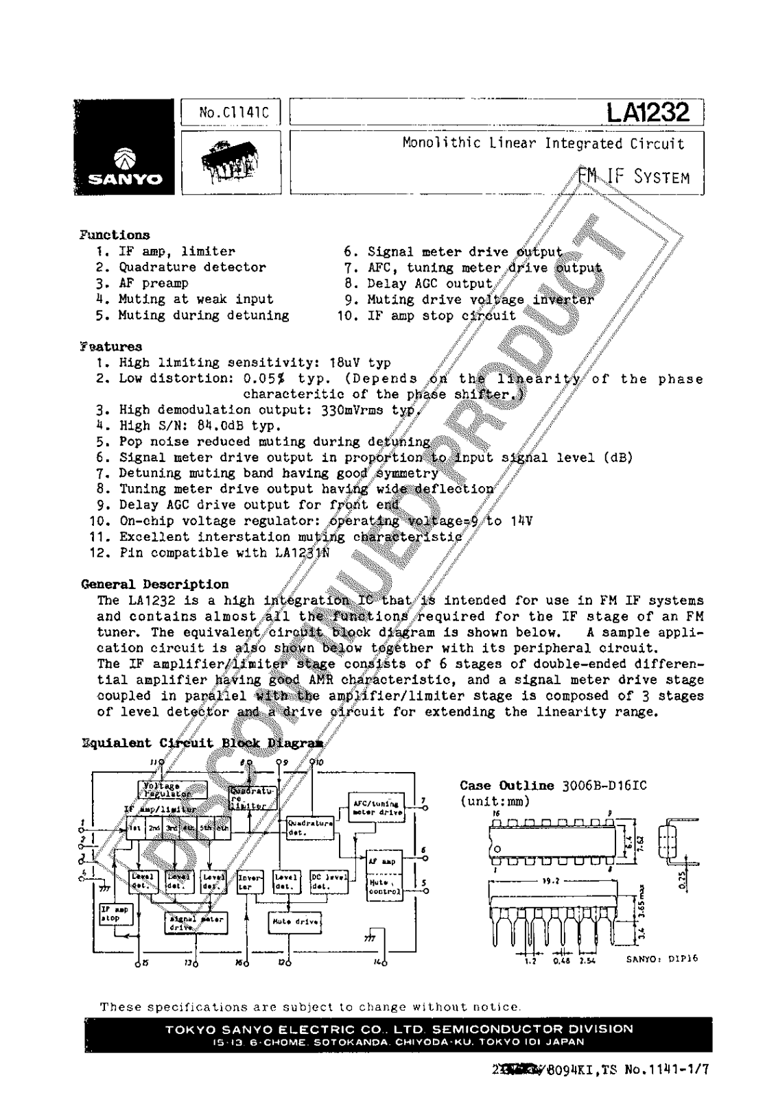 Sanyo LA1232 Specifications