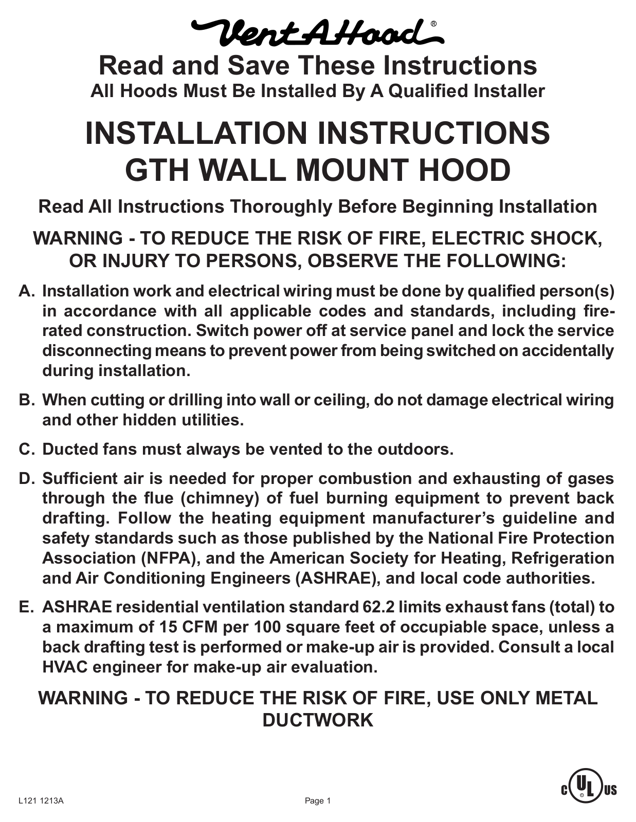 Vent-A-Hood GTH-K36 SS INSTALLATION INSTRUCTIONS AND OPERATION MANUAL