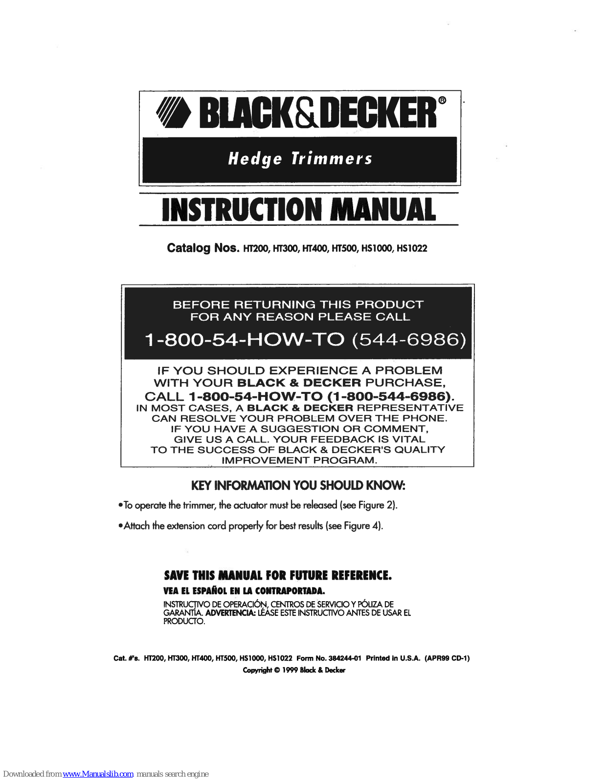 Black & Decker HS1022, HT300, HT500, HT400 Instruction Manual