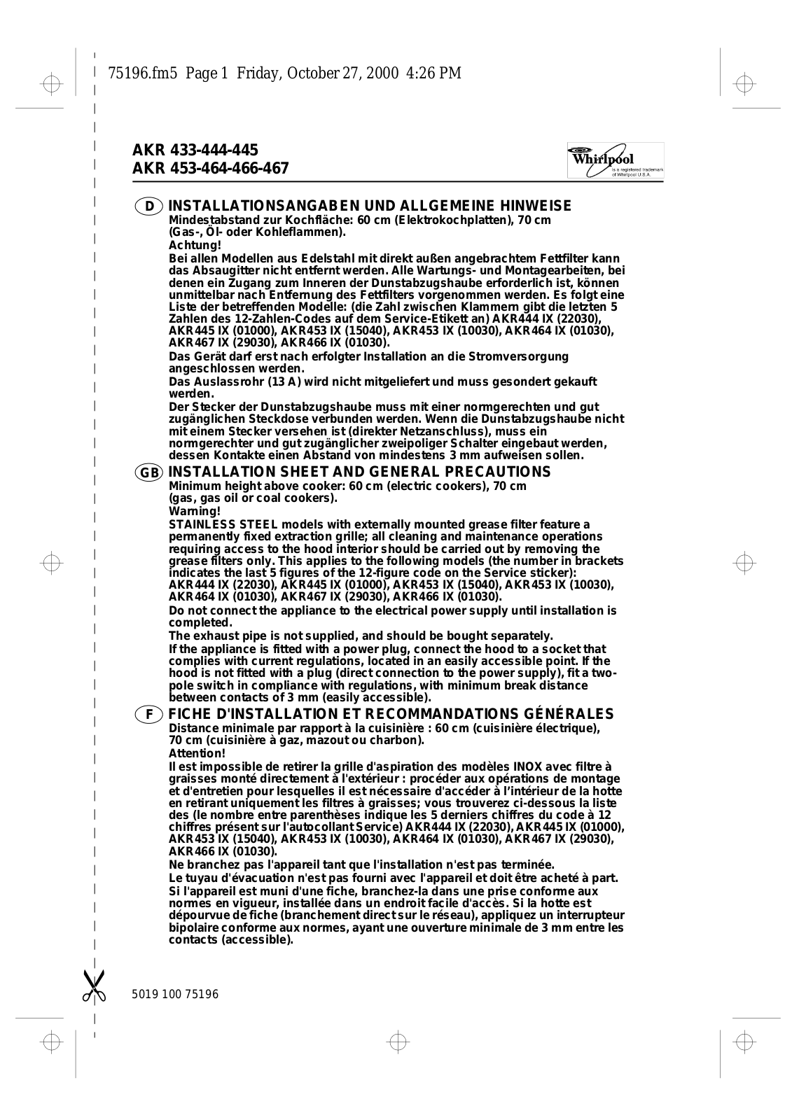 Whirlpool AKR 444 AV, AKR 444 NB, AKR 466 WH, AKR 466 NB, AKR 466 IX WP PROGRAM CHART