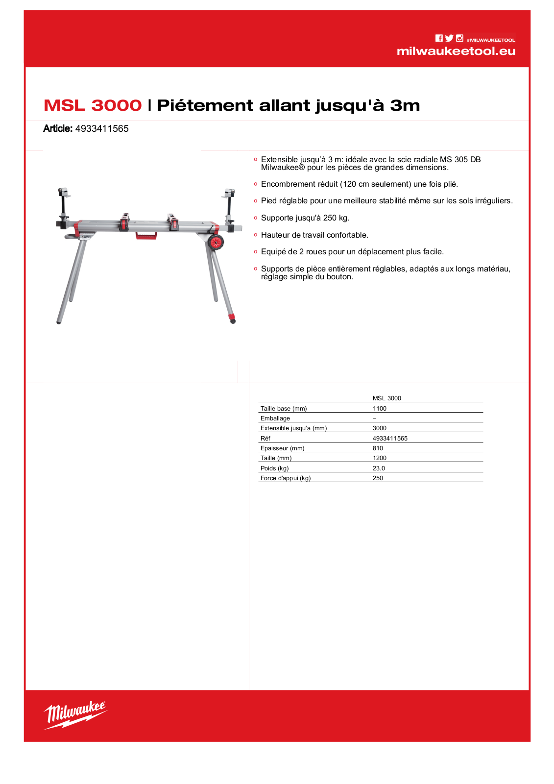 Milwaukee 4933411565, MSL 3000 Specification - ManualMachine.com