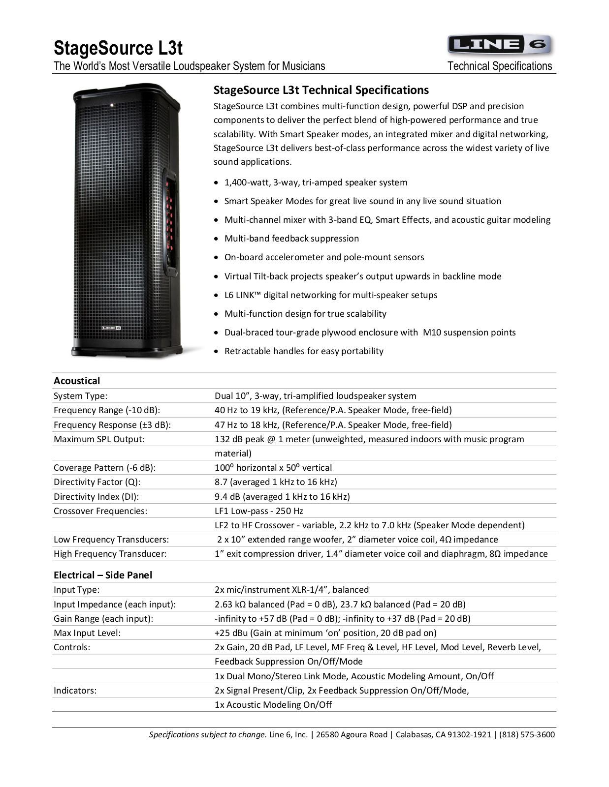 Line6 StageSource L3T Technical Specifications