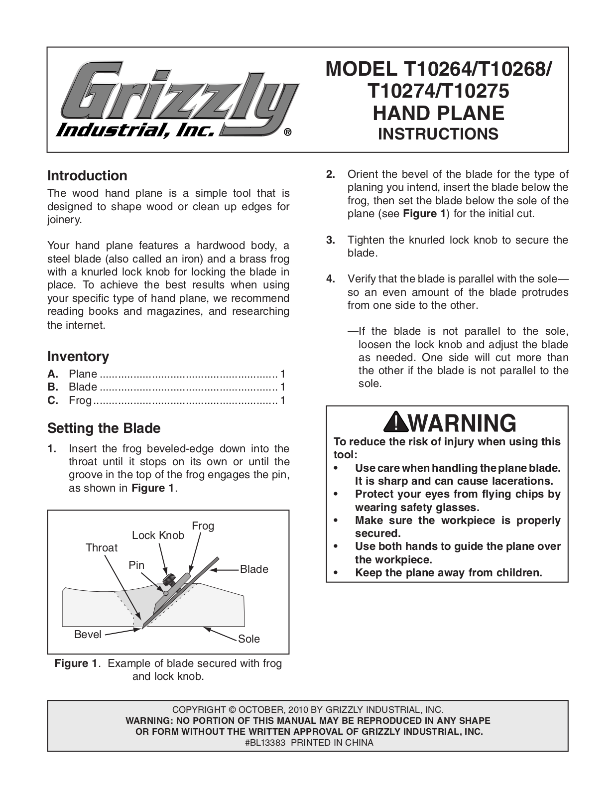 Grizzly T10268, T10274, T10275, T10264 User Manual