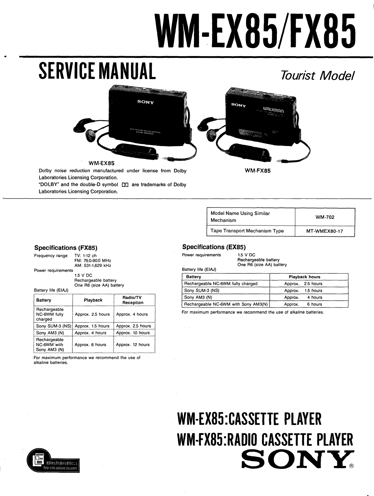 Sony WMEX-85 Service manual