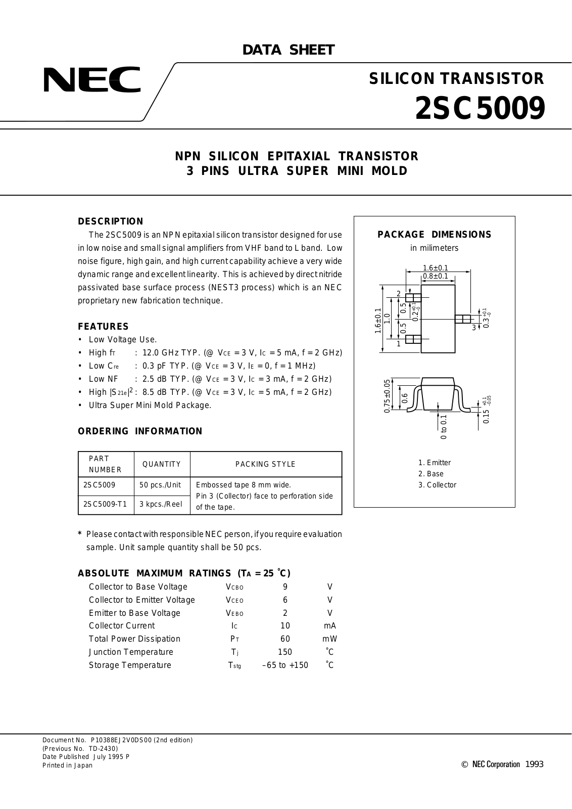 NEC 2SC5009-T1, 2SC5009-T2 Datasheet