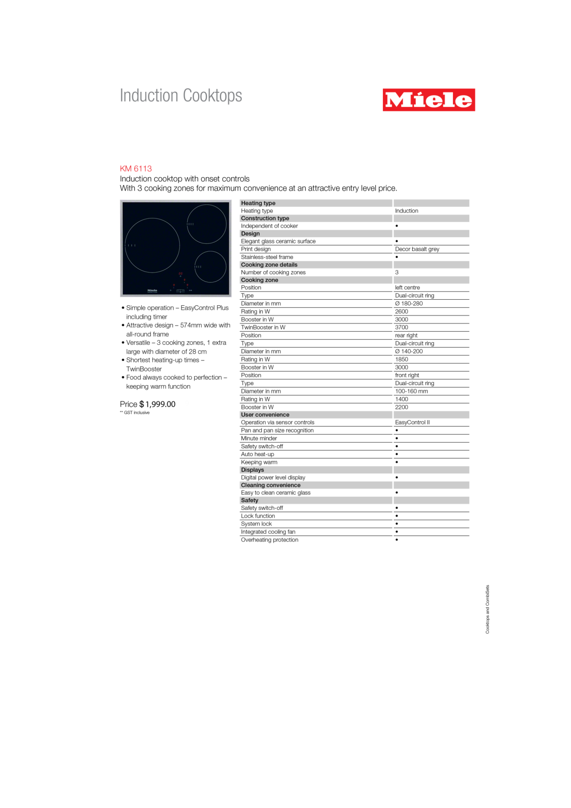 Miele KM6113 Specifications Sheet