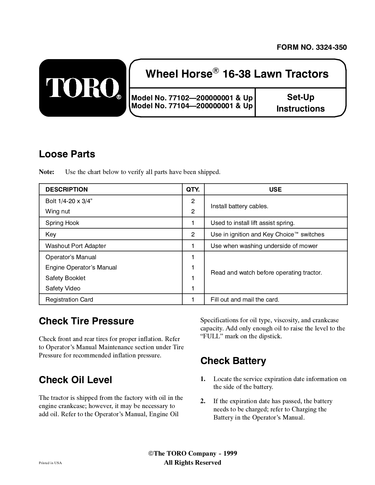 Toro 77102, 77104 Setup Instructions