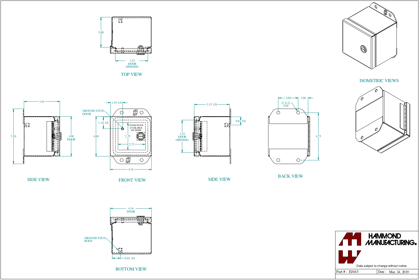 Hammond Manufacturing EJ443 technical drawings