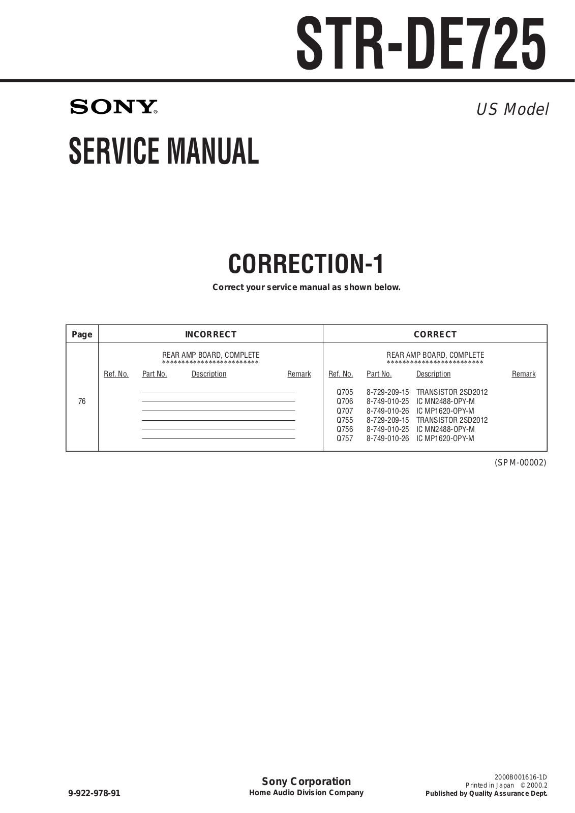 Sony STR-DE725 Service Manual