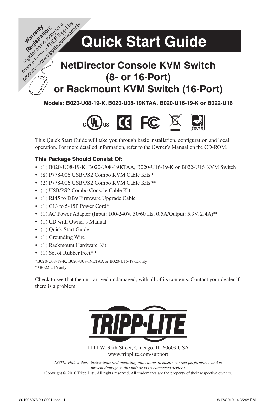 Tripp Lite B022-U16KVM, B020-U08-19KTAA User Manual