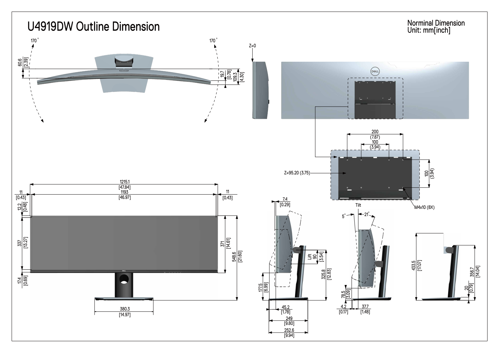 Dell UltraSharp U4919DW Dimensional drawing