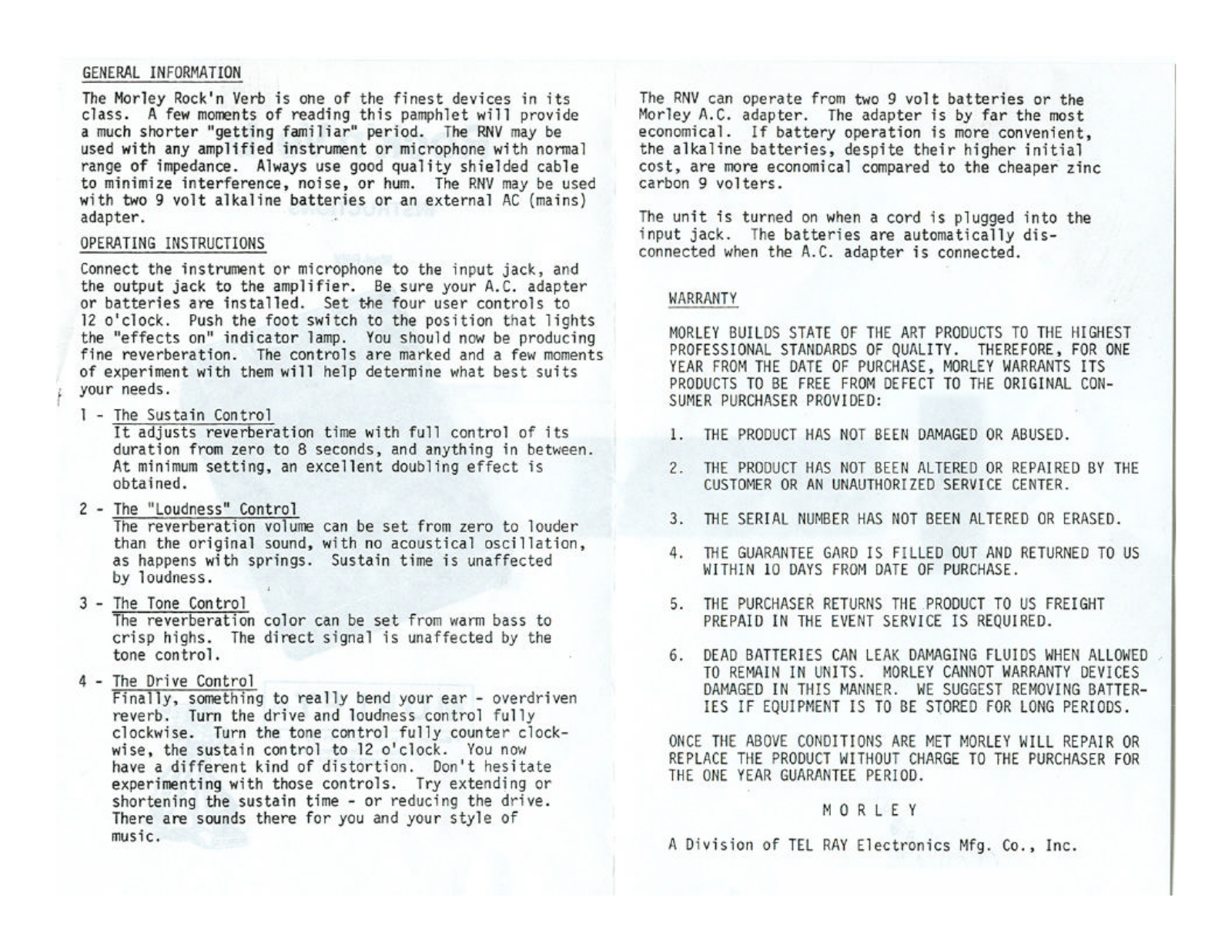 Morley Pedals RNV2 User Manual