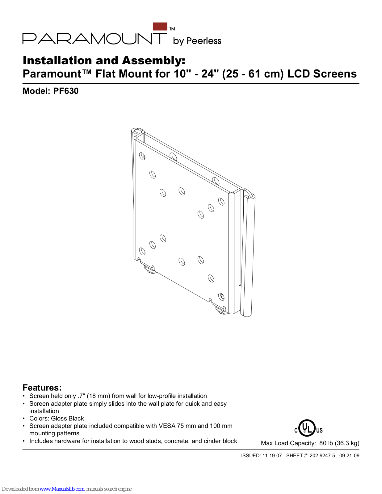 PEERLESS PARAMOUNT PF630 Installation And Assembly Manual