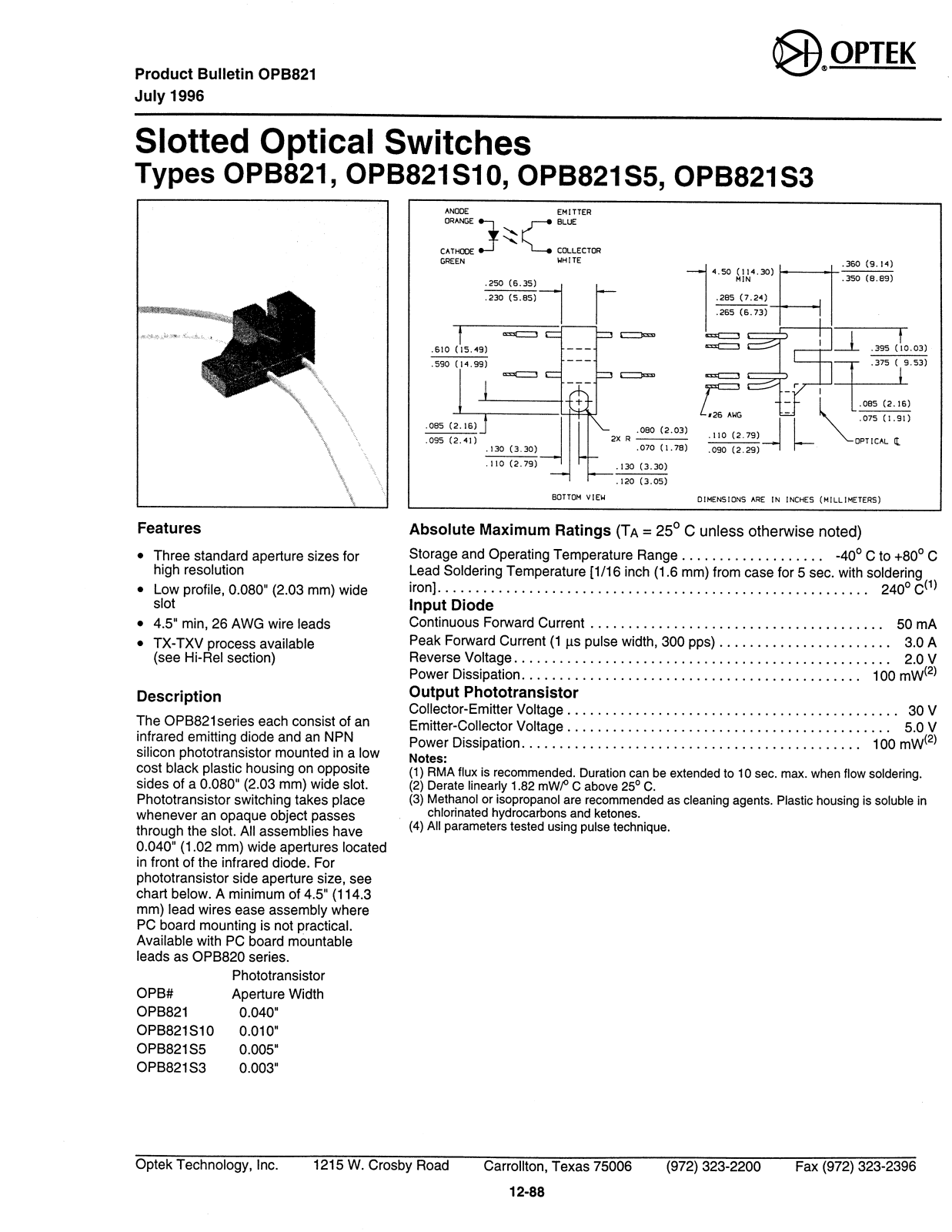 OPTEK OPB821, OPB821S5, OPB821S10, OPB821S3 Datasheet