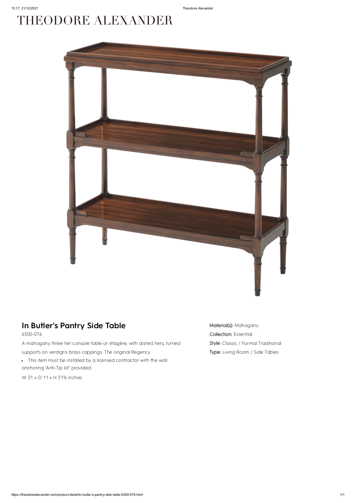 Theodore Alexander FPLJ1120 Specifications