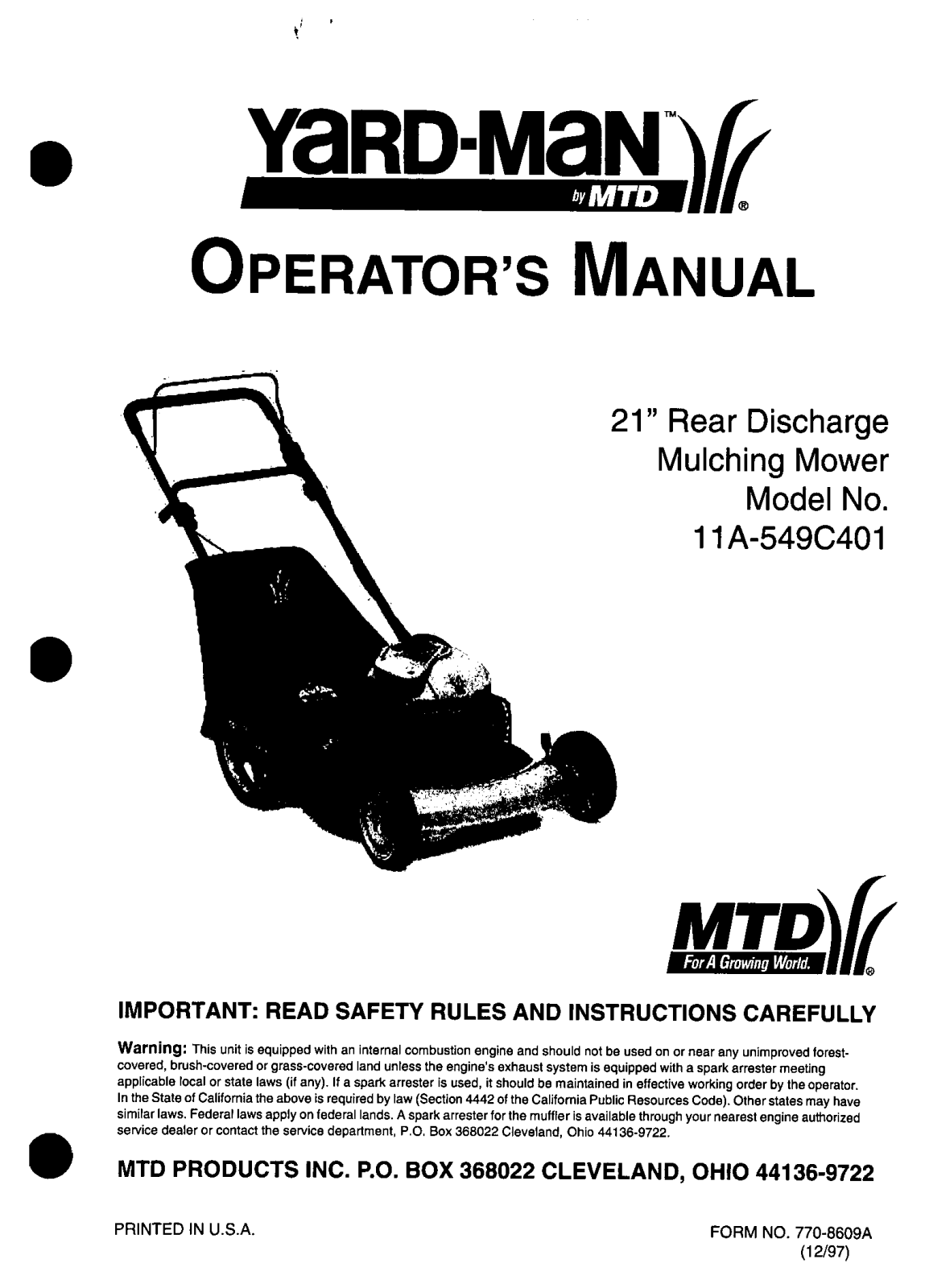 Yard-Man 11A-549C401 User Manual