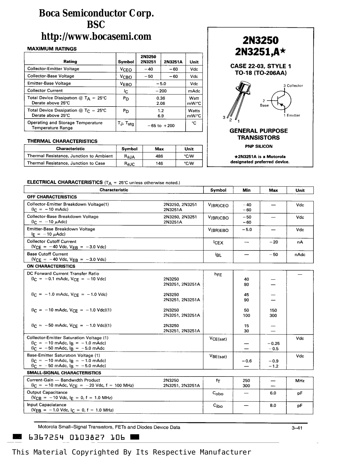 BOCA 2N3251A, 2N3251, 2N3250 Datasheet