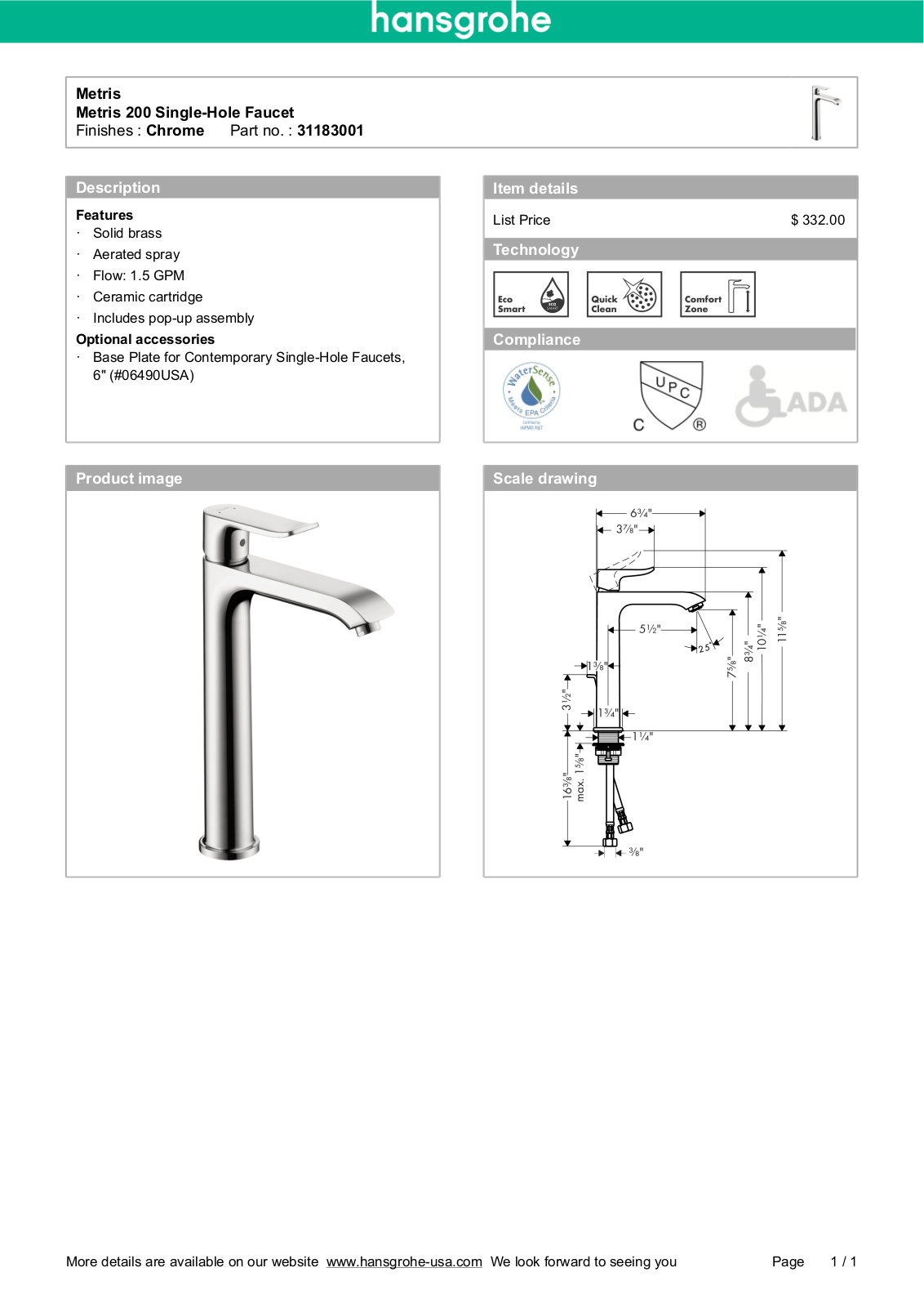 Hansgrohe 31183001 Specs