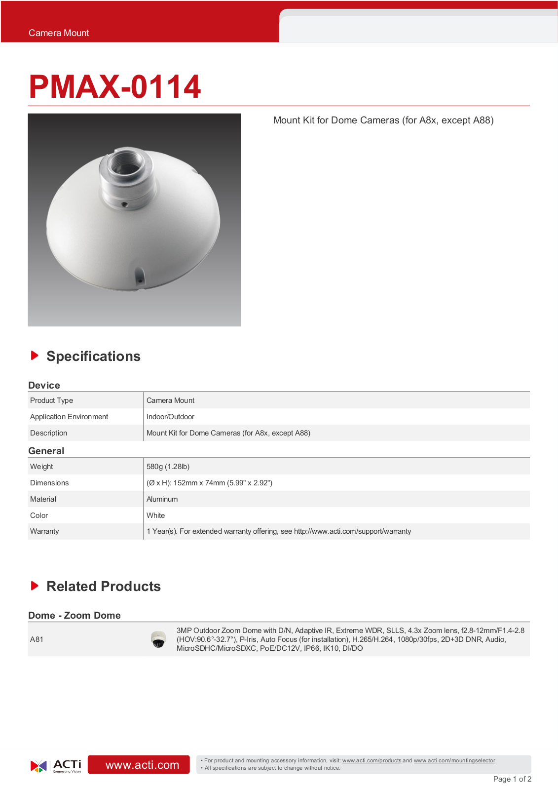 ACTi PMAX-0114 Specsheet