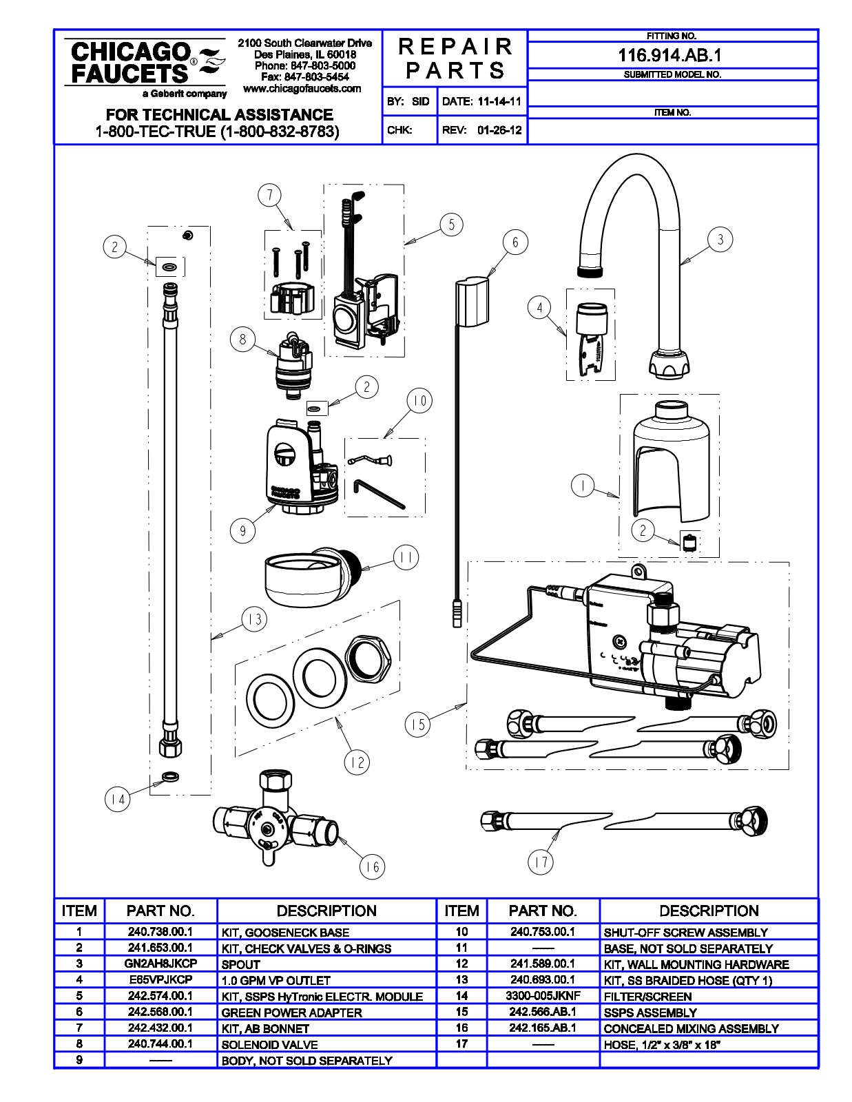 Chicago Faucet 116.914.AB.1 Parts List