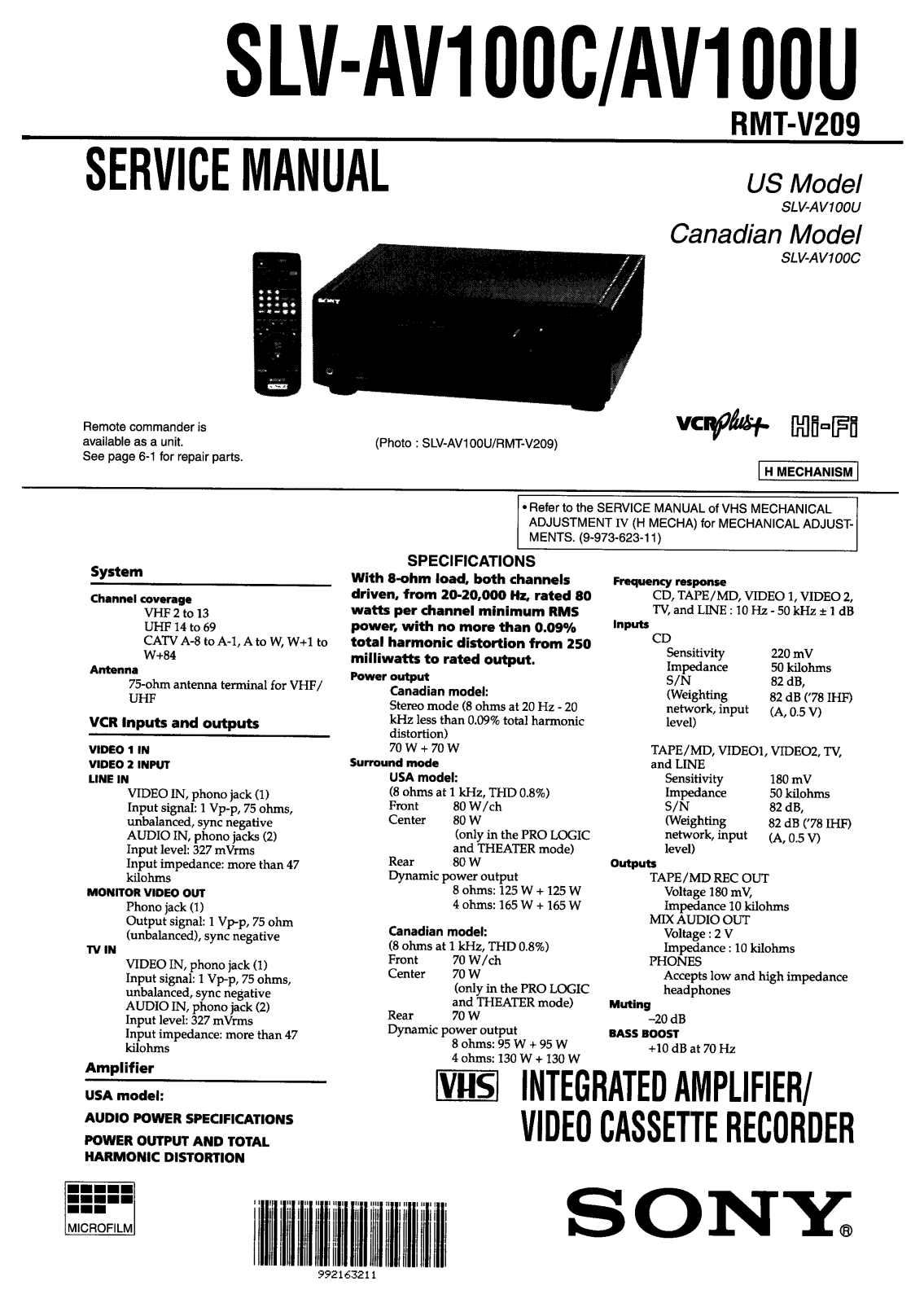 Sony SLVAV-100-U Service manual