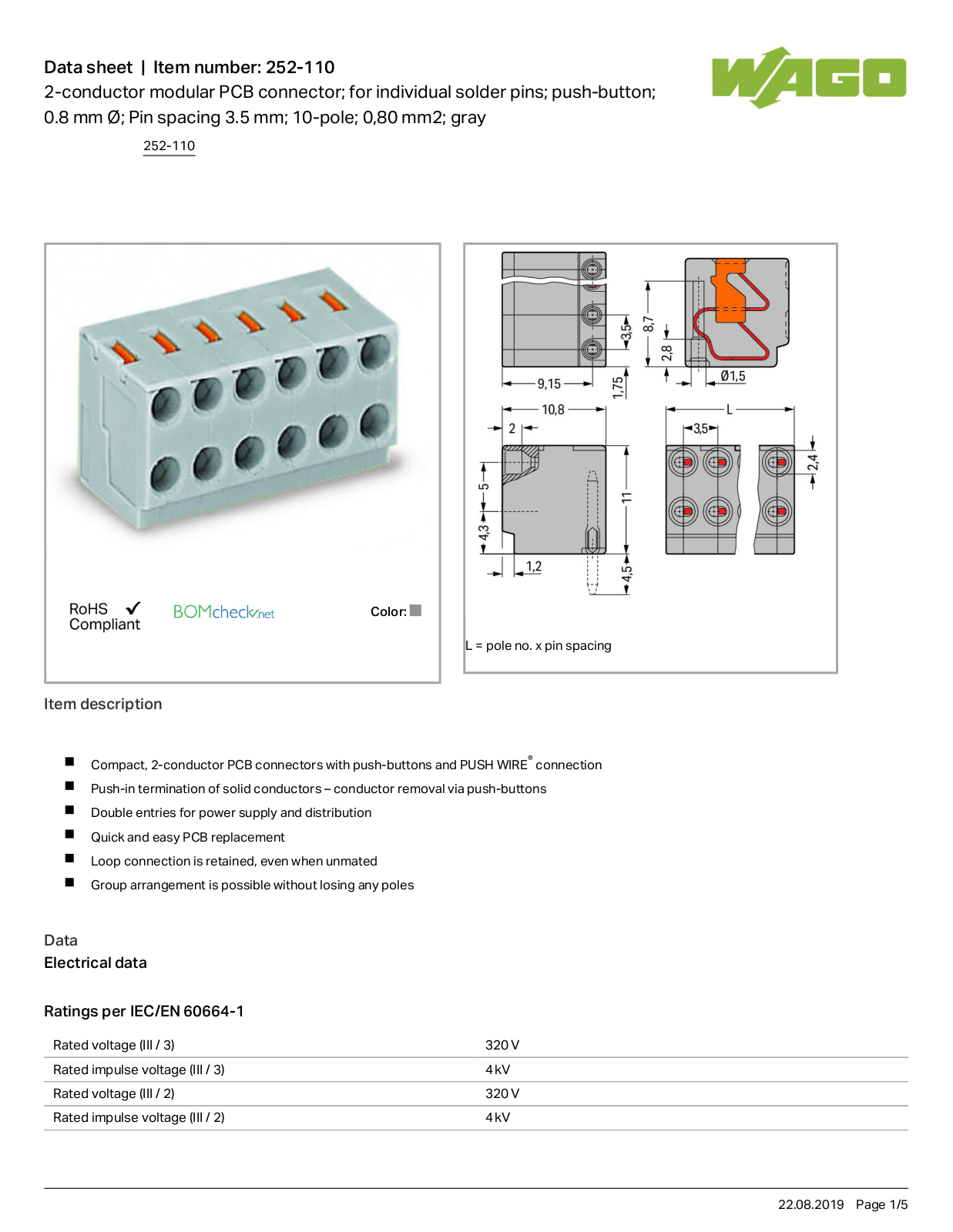 Wago 252-110 Data Sheet