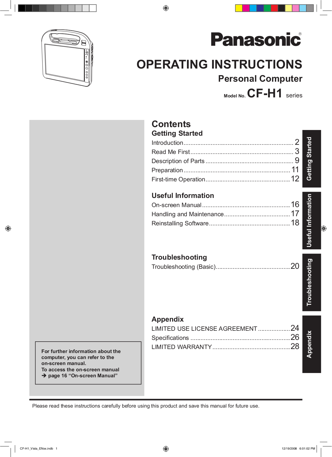 Panasonic CFH1BDBBZCM Operating Instruction