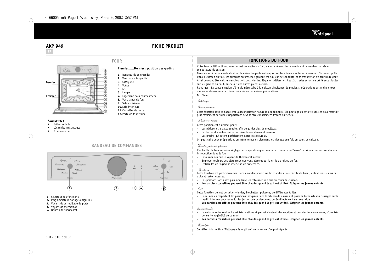 Whirlpool AKP 949 PRODUCT SHEET