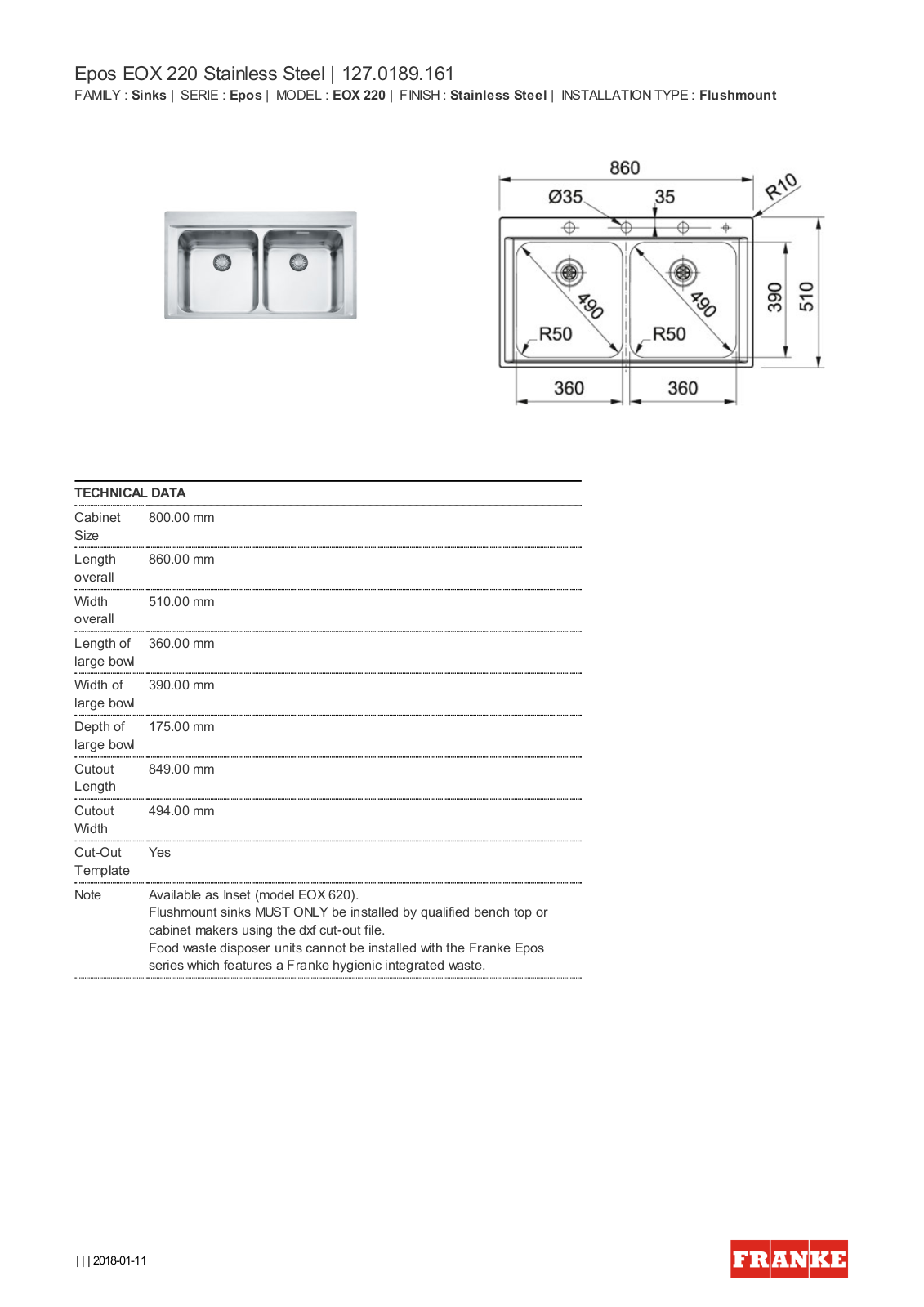 Franke EOX220 Specifications Sheet