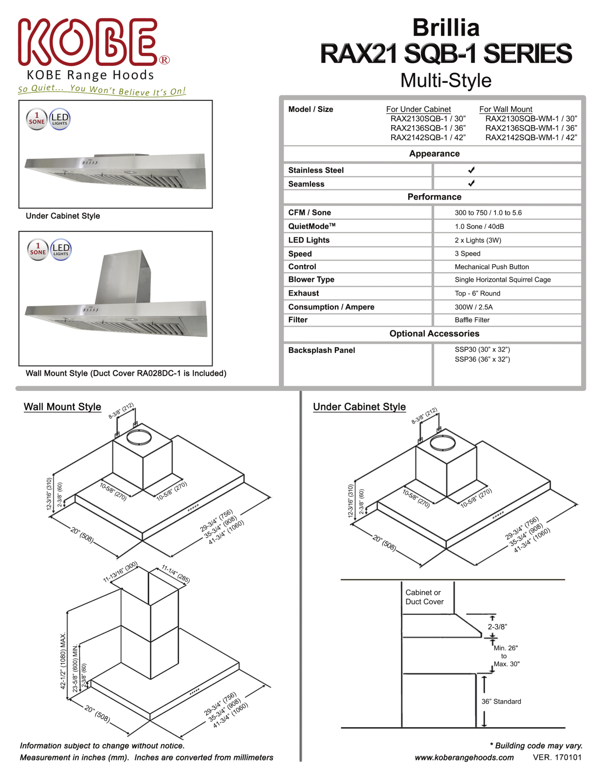 Kobe RAX2136SQB1, RAX2130SQB1, RAX2136SQBWM1, RAX2130SQBWM1 PRODUCT SPECIFICATIONS