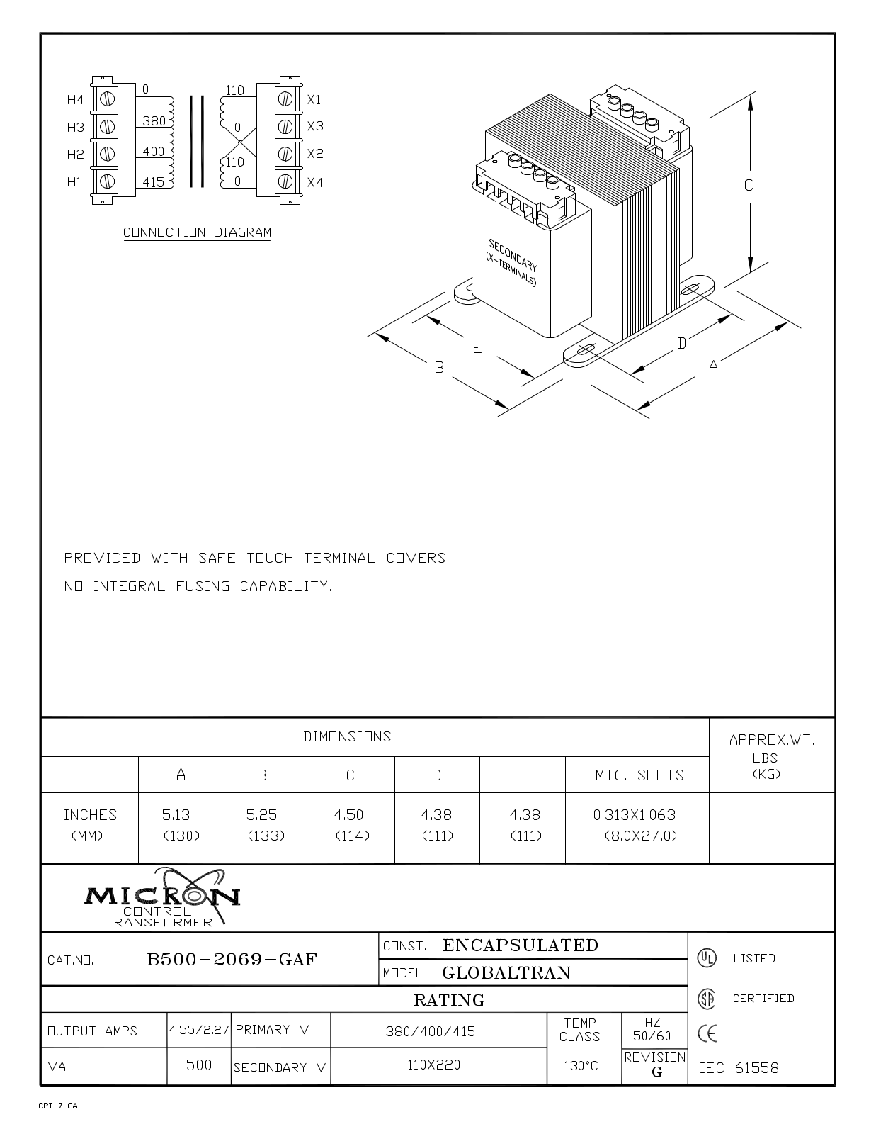 Micron Industries B500-2069-GAF Specification Sheet