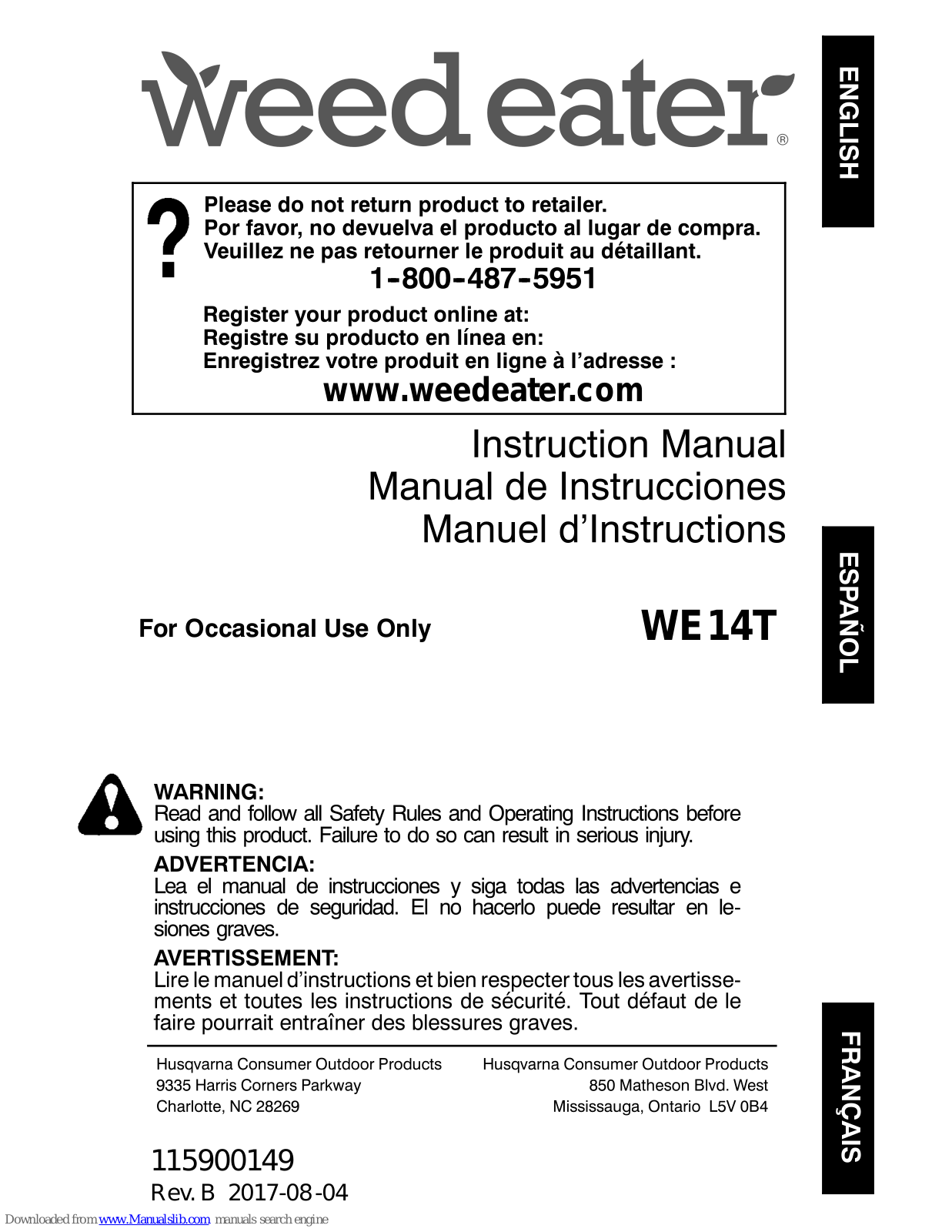 Weed Eater WE14T Instruction Manual