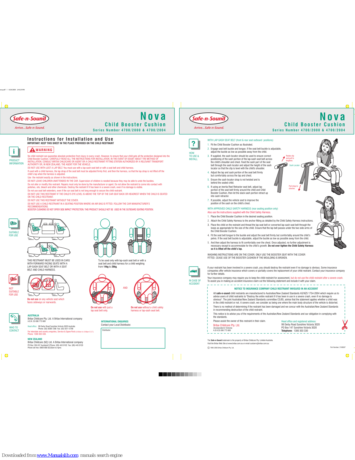 Britax Safe-n-Sound NOVA, 4700/2000 Series, 4700-2004 Series User Manual