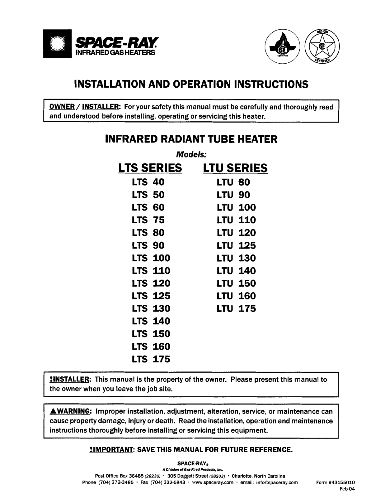 Gas-Fired Products LTU 80, LTU 110, LTU 175, LTU 120, LTU User Manual