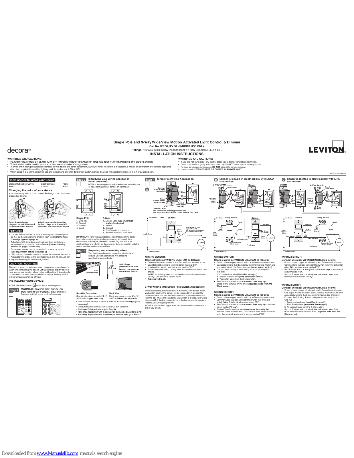 Leviton IPSD6, IPVD6, Decora IPS06, Decora IPV06 Installation Instructions Manual - ManualMachine.com
