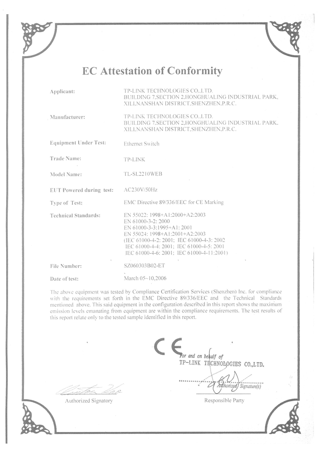 TP-Link TL-SL2210 Declaration of Conformity