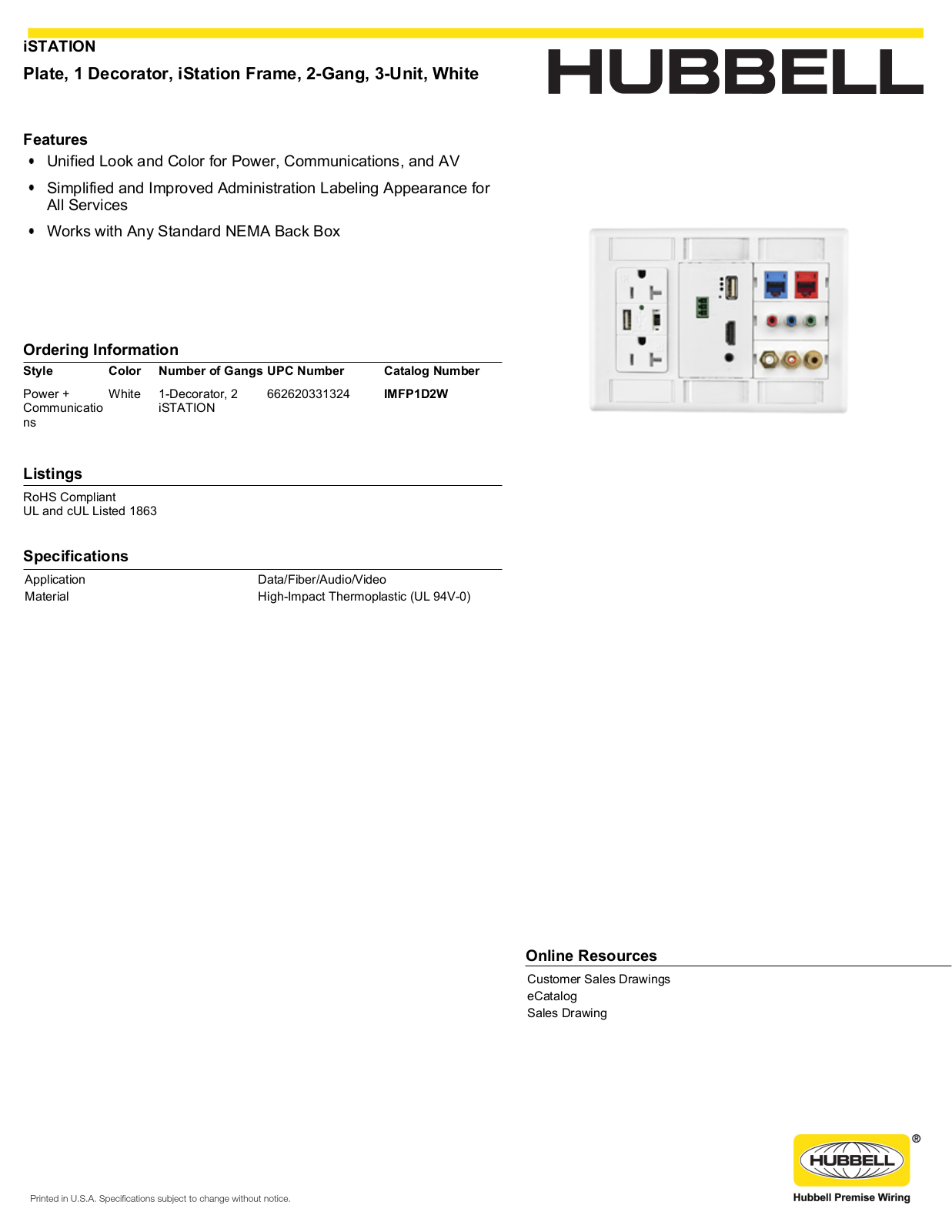 Hubbell IMFP1D2W Specifications