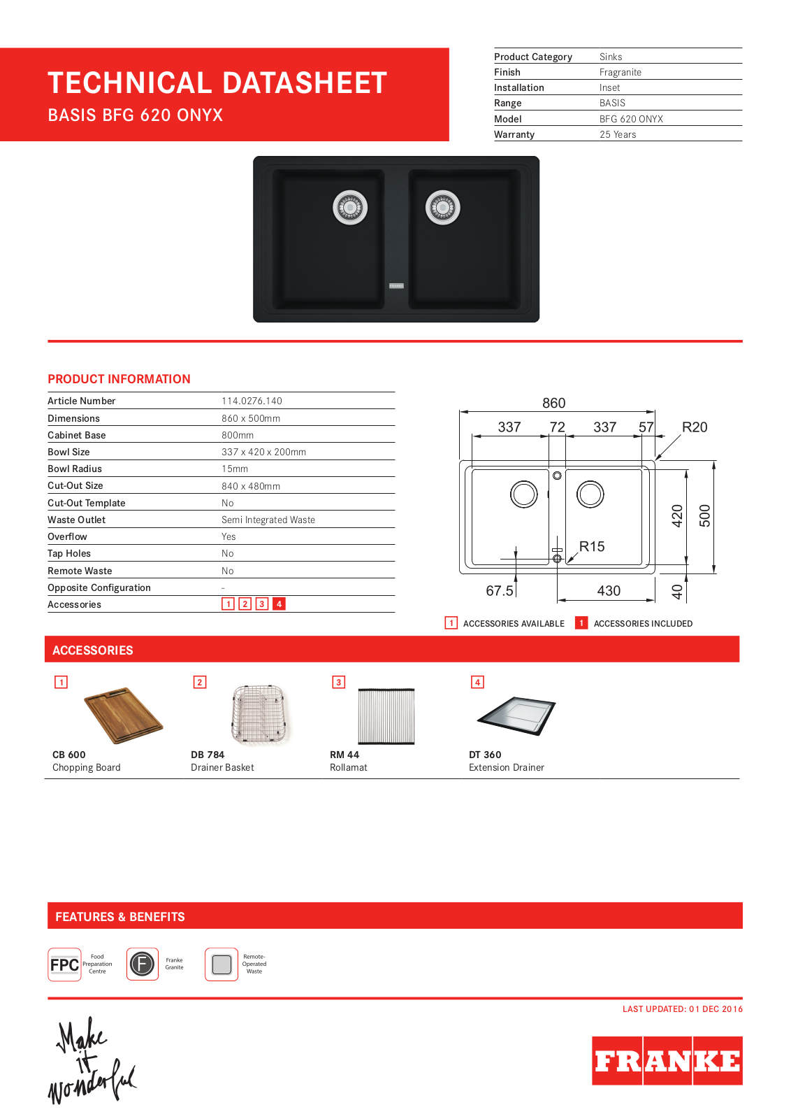 Franke BFG620-TA6301B, BFG620-TA9501 Specifications Sheet