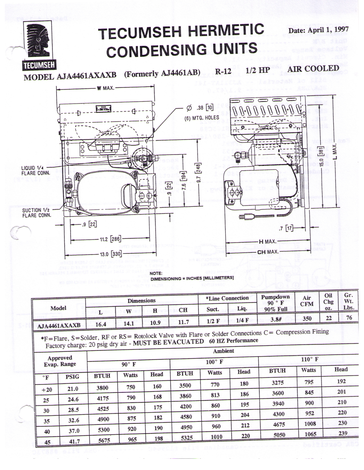 Tecumseh AJA4461AXAXB Performance Data Sheet