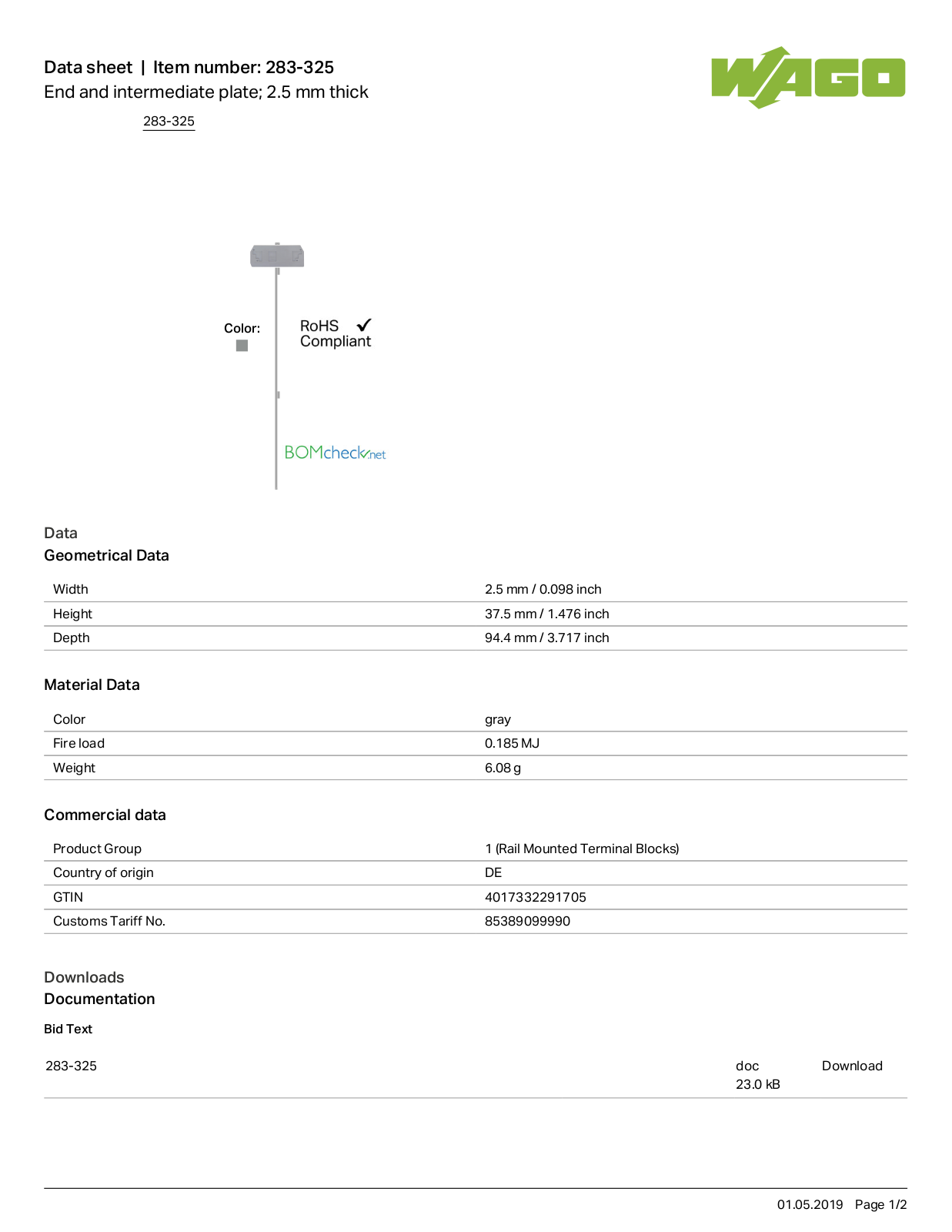 Wago 283-325 Data Sheet